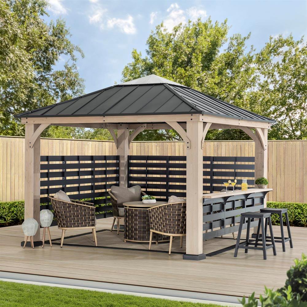 SUNJOY 11x11 Gazebo with Aluminum Privacy Screen & Bar Shelf for Hot Tub.
