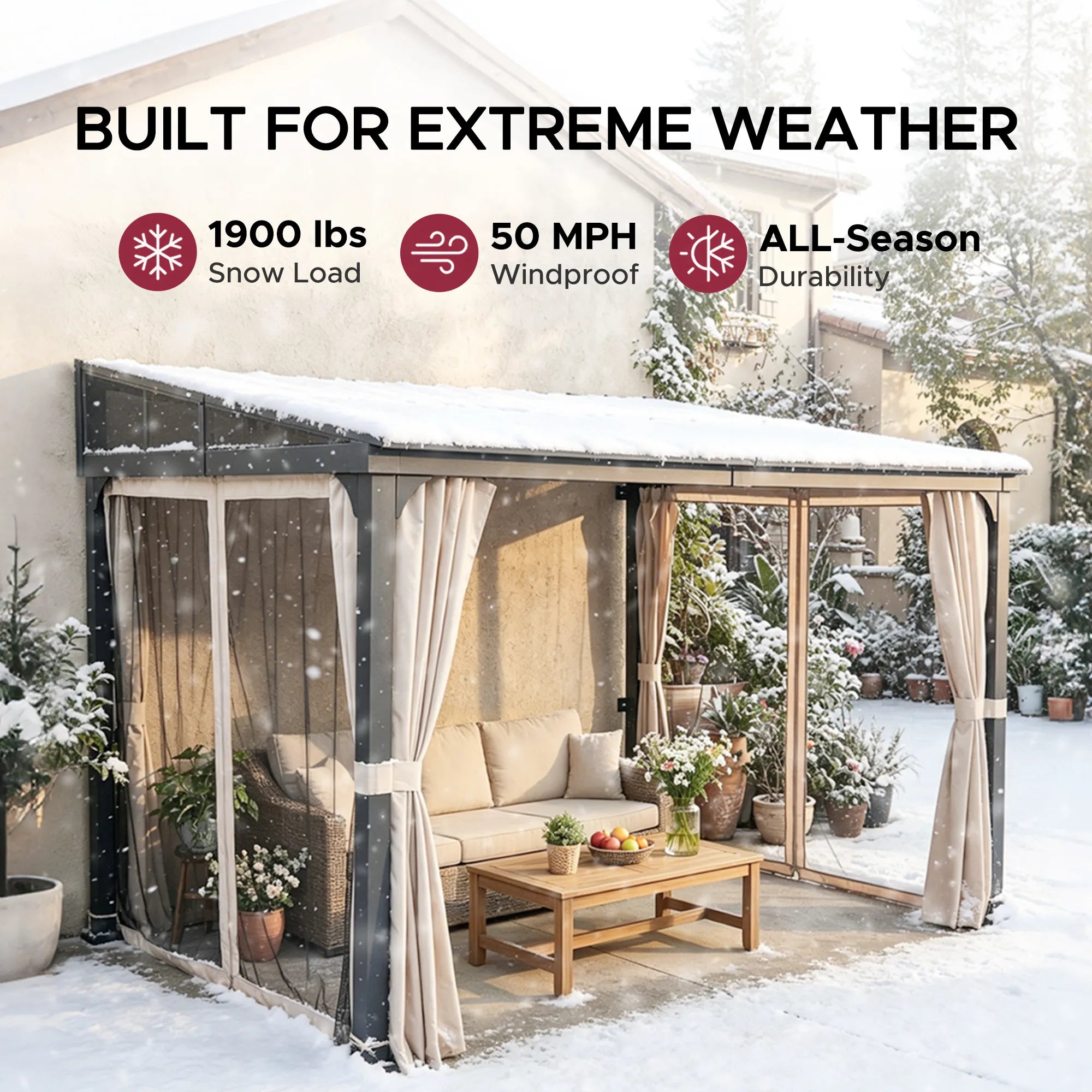 SUNJOY 10x12 Metal Roof Wall Mounted Gazebo, Lean to Gazebo with Curtain and Netting