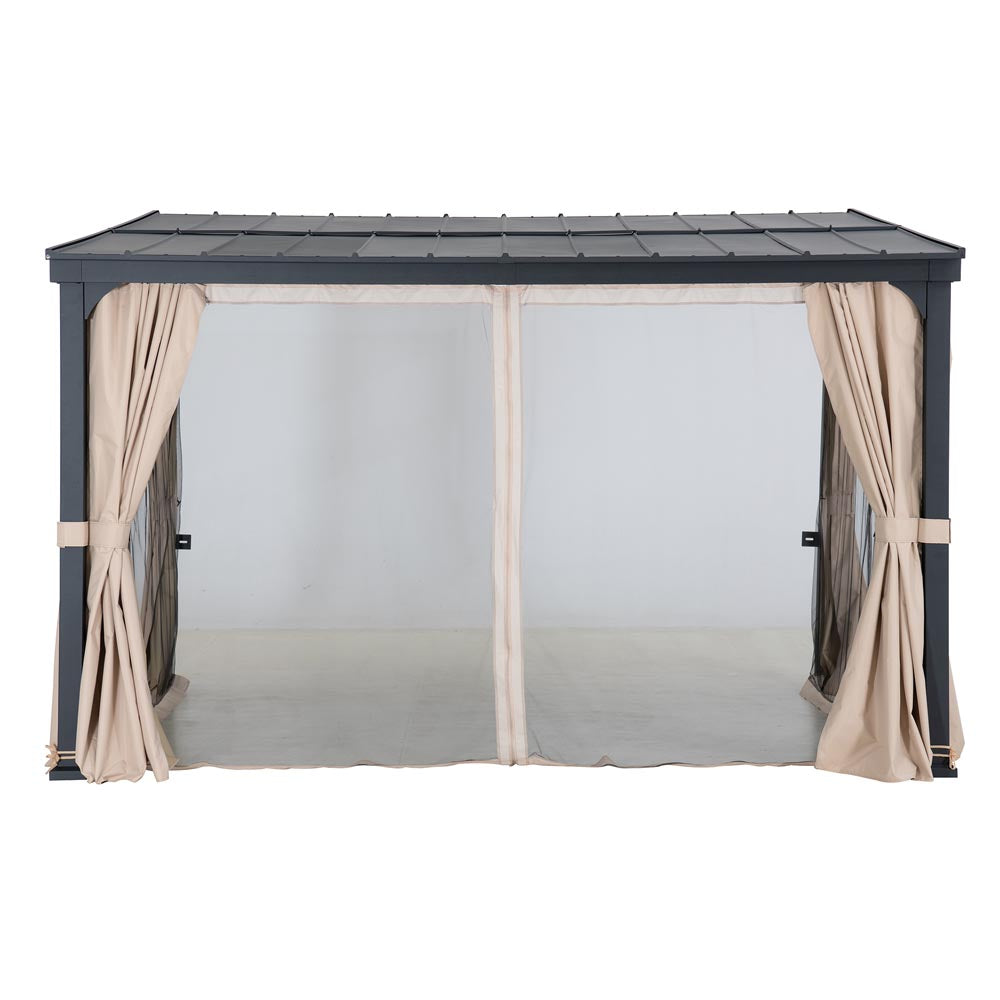 SUNJOY 10x12 Metal Roof Wall Mounted Gazebo, Lean to Gazebo with Curtain and Netting