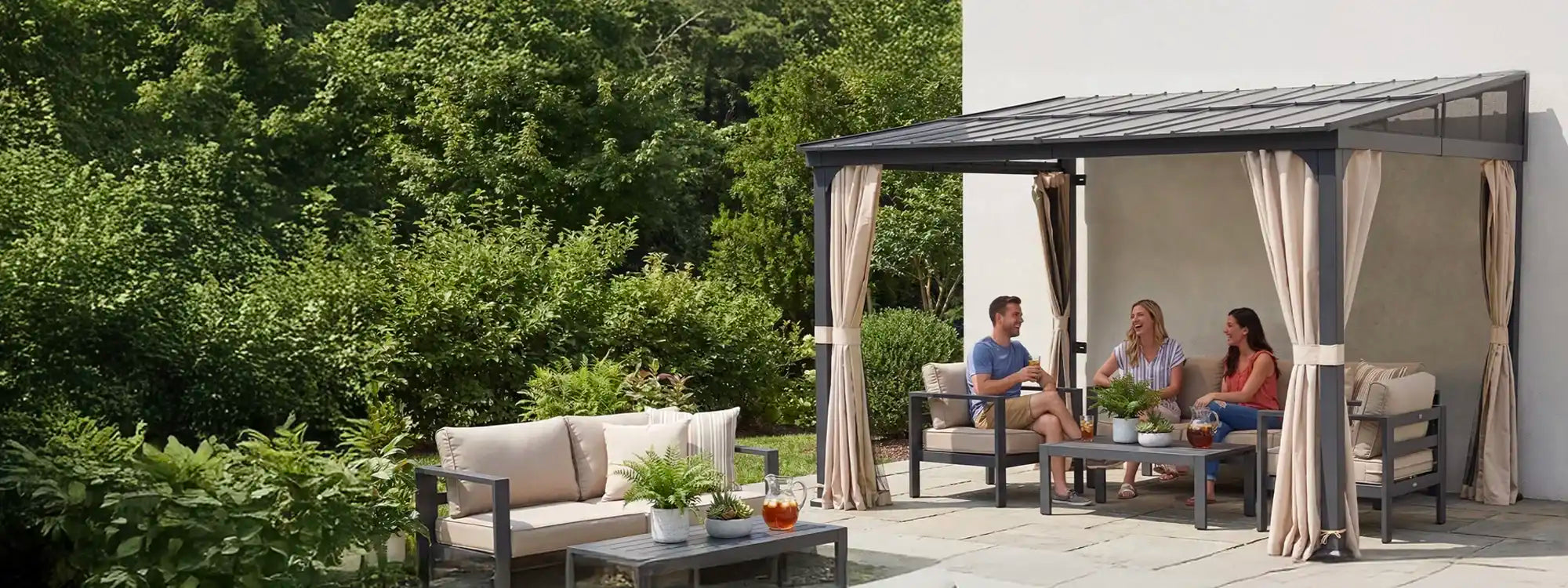 SUNJOY 10x12 Metal Roof Wall Mounted Gazebo, Lean to Gazebo with Curtain and Netting