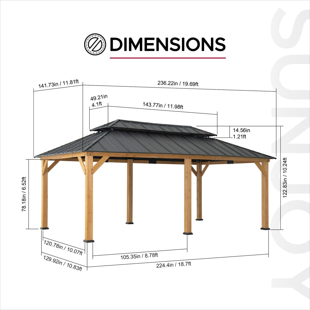Double-Tier Wooden Hardtop Gazebo 12x20 - Natural Cedar