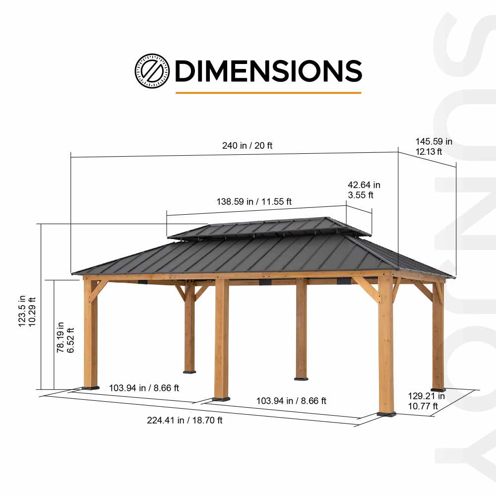 SUNJOY 12x20 Cedar Hardtop Gazebo with 2 Ceiling Hooks - Upgrade Natural Cedar.