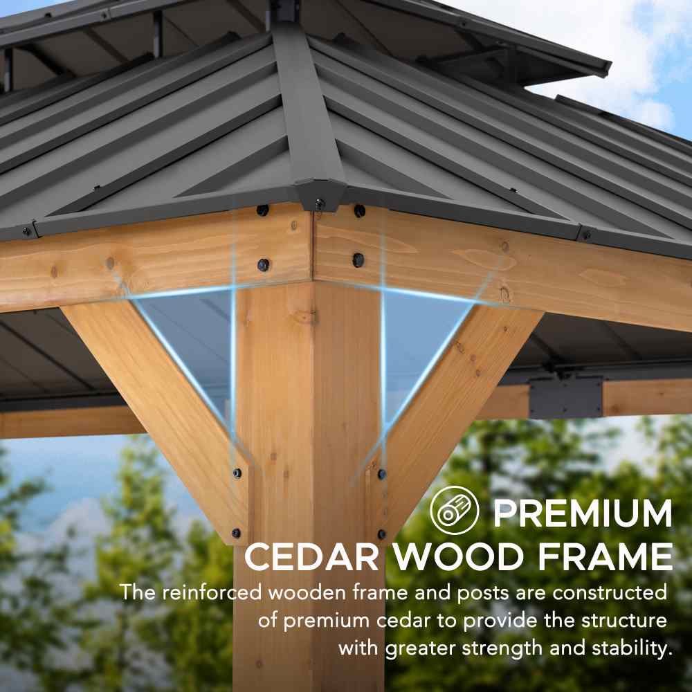 SUNJOY 12x20 Cedar Hardtop Gazebo with 2 Ceiling Hooks - Upgrade Natural Cedar.