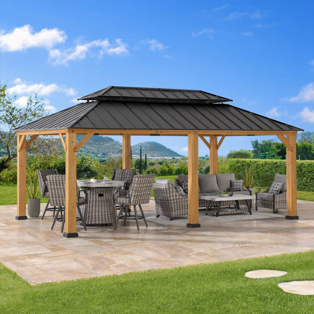 SUNJOY 12x20 Cedar Hardtop Gazebo with 2 Ceiling Hooks - Upgrade Natural Cedar.