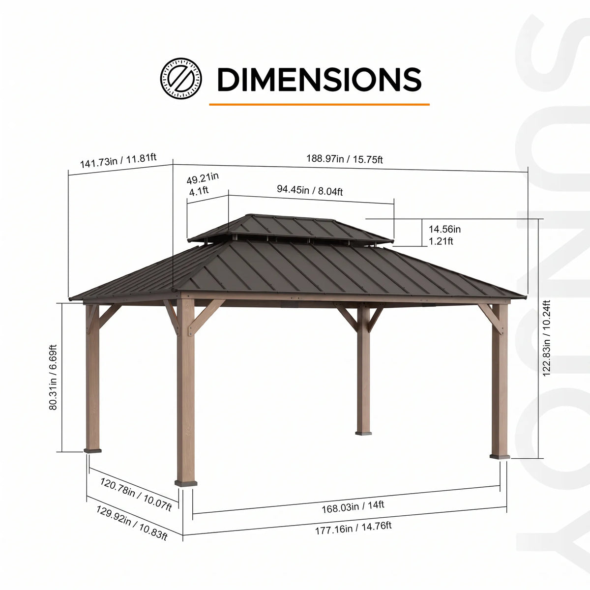 Cedar Frame Gazebo with Steel Roof, Netting and Ceiling Hook, 12x16 - Weathered Cedar
