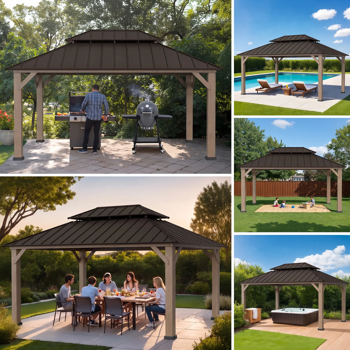 Cedar Frame Gazebo with Steel Roof, Netting and Ceiling Hook, 12x16 - Weathered Cedar