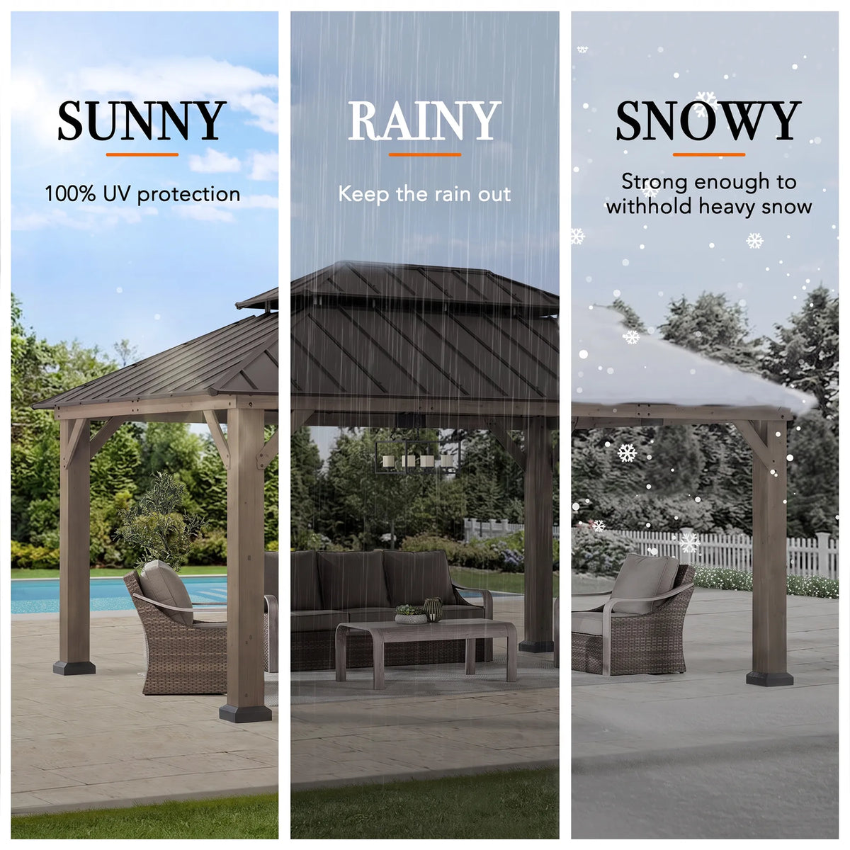 Cedar Frame Gazebo with Steel Roof, Netting and Ceiling Hook, 12x16 - Weathered Cedar