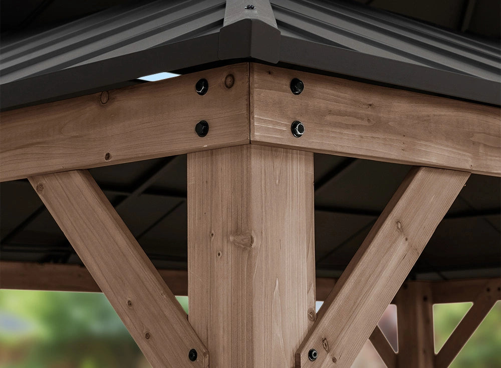 SUNJOY 12x16 Cedar Frame Gazebo with Steel Roof, Netting and Ceiling Hook - Weathered Cedar