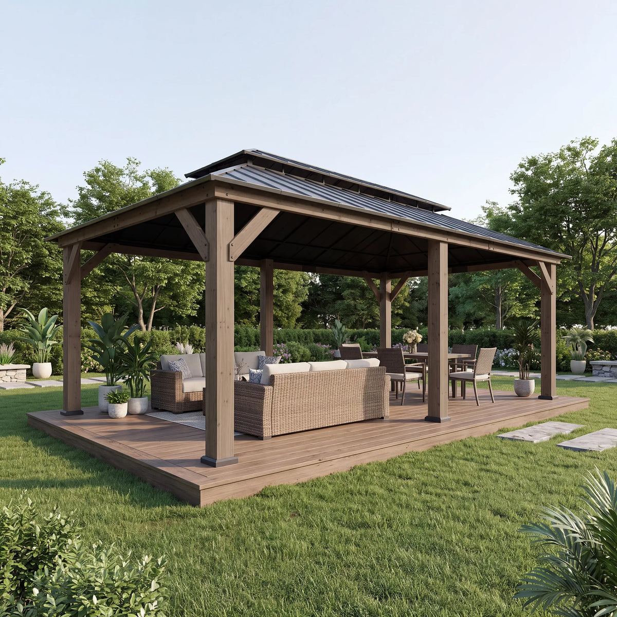 Patio Wooden Gazebo with Ceiling Hooks, 12x20 - Weathered Cedar