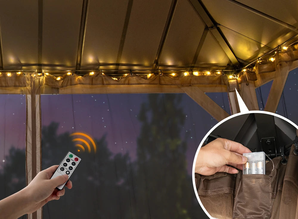 SUNJOY 10x12 Cedar Wood Gazebo with Galvanized Steel Roof, LED String Lights & Mosquito Netting - Black