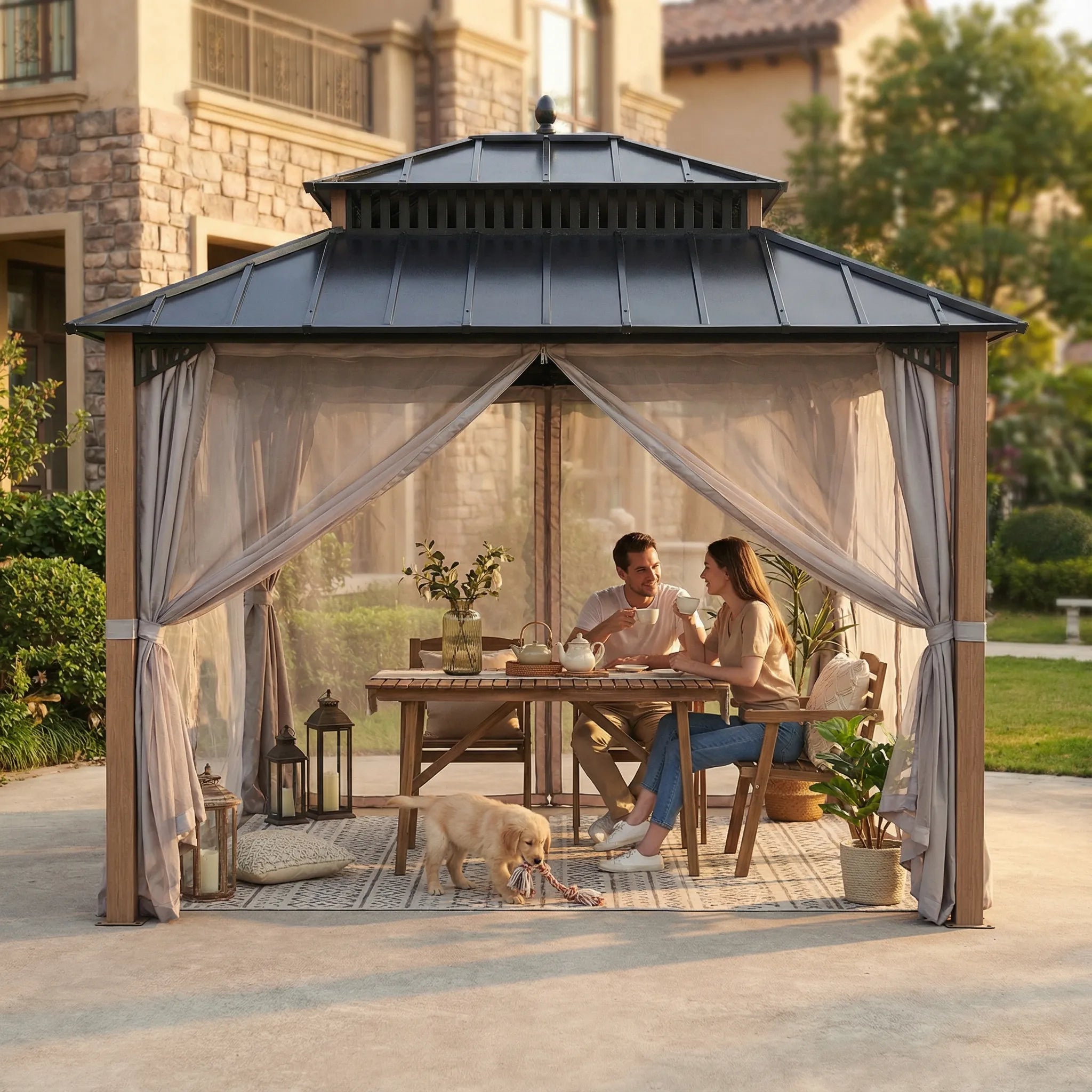 SUNJOY Kingston 12x10 Gazebo with Netting & Curtain | Steel Roof with Extra-Tall & Oversized Vent Top - Woodgrain Aluminum Posts