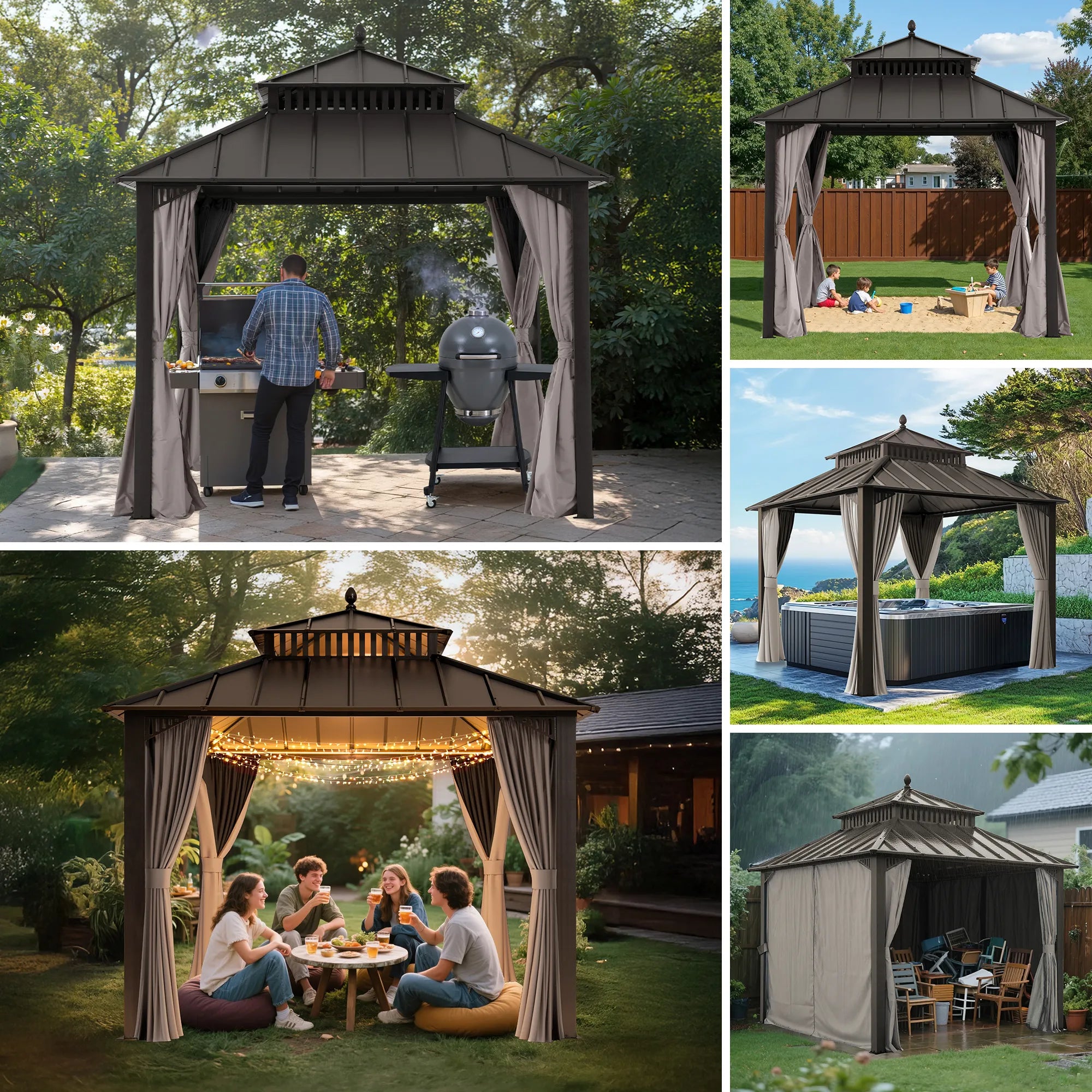 SUNJOY Kingston 10x10 Gazebo with Netting & Curtain | Steel Roof - Brown Aluminum Posts