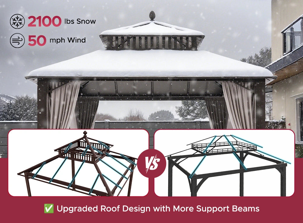 SUNJOY Kingston 10x10 Gazebo with Netting & Curtain | Steel Roof - Brown Aluminum Posts