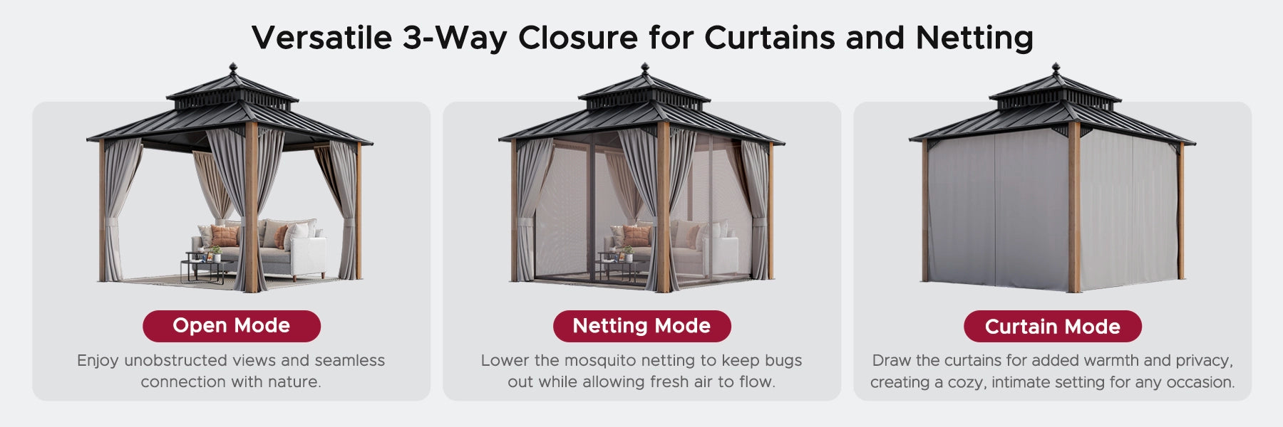SUNJOY Kingston 10x10 Gazebo with Netting & Curtain | Steel Roof with Extra-Tall & Oversized Vent Top - Cedar Wood Posts 