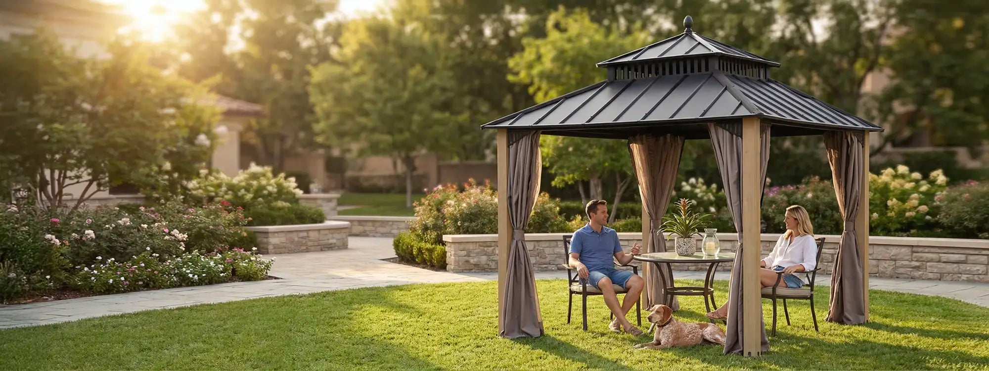 SUNJOY Kingston 10x10 Gazebo with Netting & Curtain | Steel Roof with Extra-Tall & Oversized Vent Top - Cedar Wood Posts 