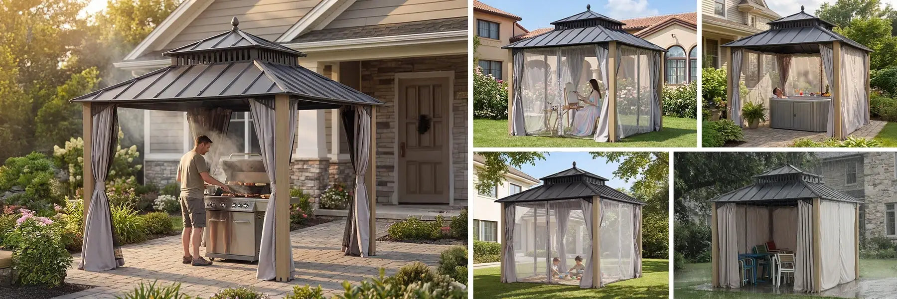 SUNJOY Kingston 10x10 Gazebo with Netting & Curtain | Steel Roof with Extra-Tall & Oversized Vent Top - Cedar Wood Posts 
