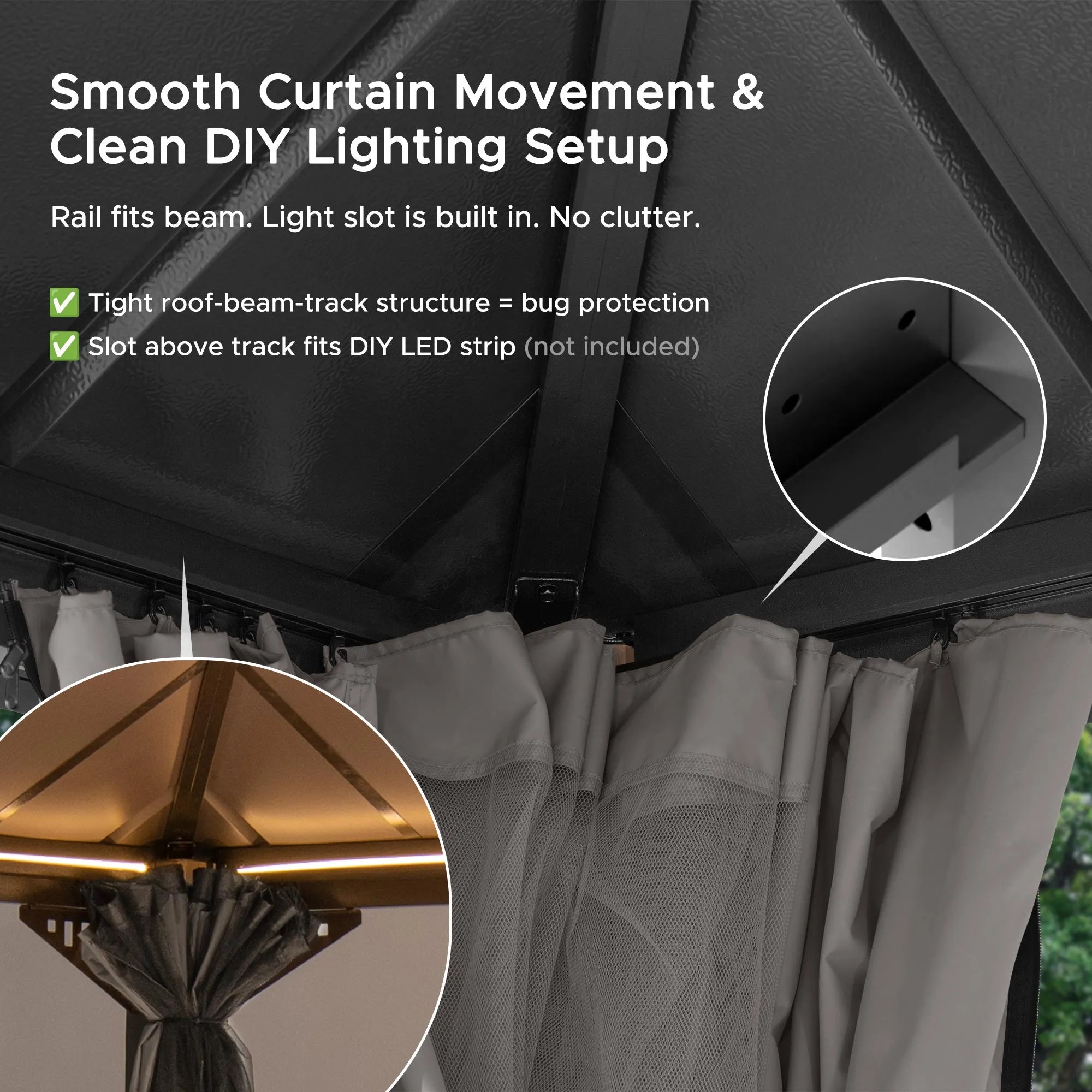 SUNJOY Kingston 12x12 Gazebo with Netting & Curtain | Steel Roof - Woodgrain Aluminum Posts