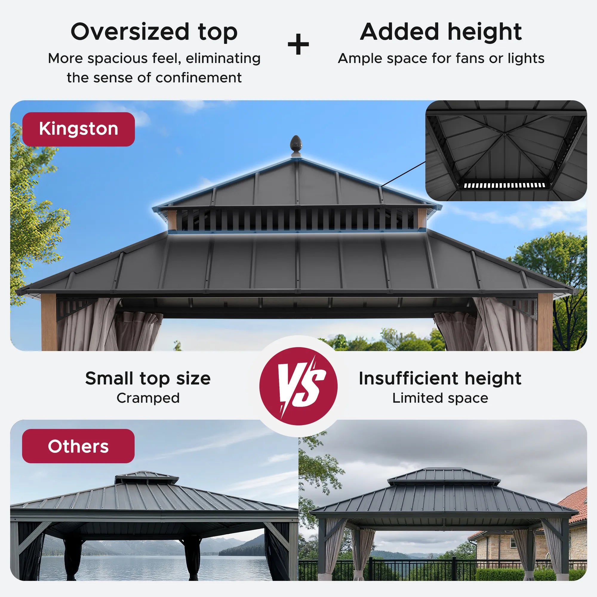 SUNJOY Kingston 12x12 Gazebo with Netting & Curtain | Steel Roof - Woodgrain Aluminum Posts
