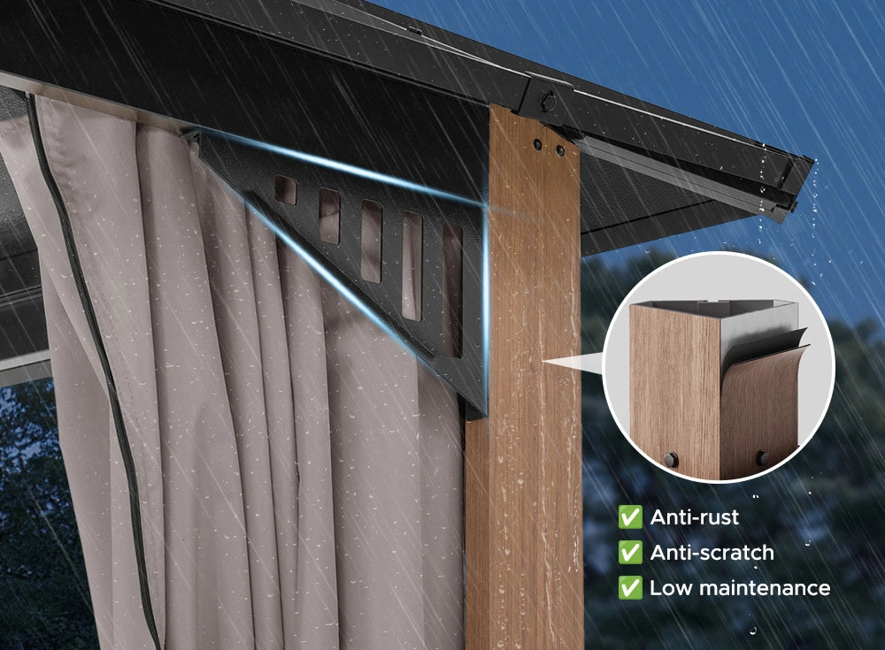 SUNJOY Kingston 12x12 Gazebo with Netting & Curtain | Steel Roof - Woodgrain Aluminum Posts