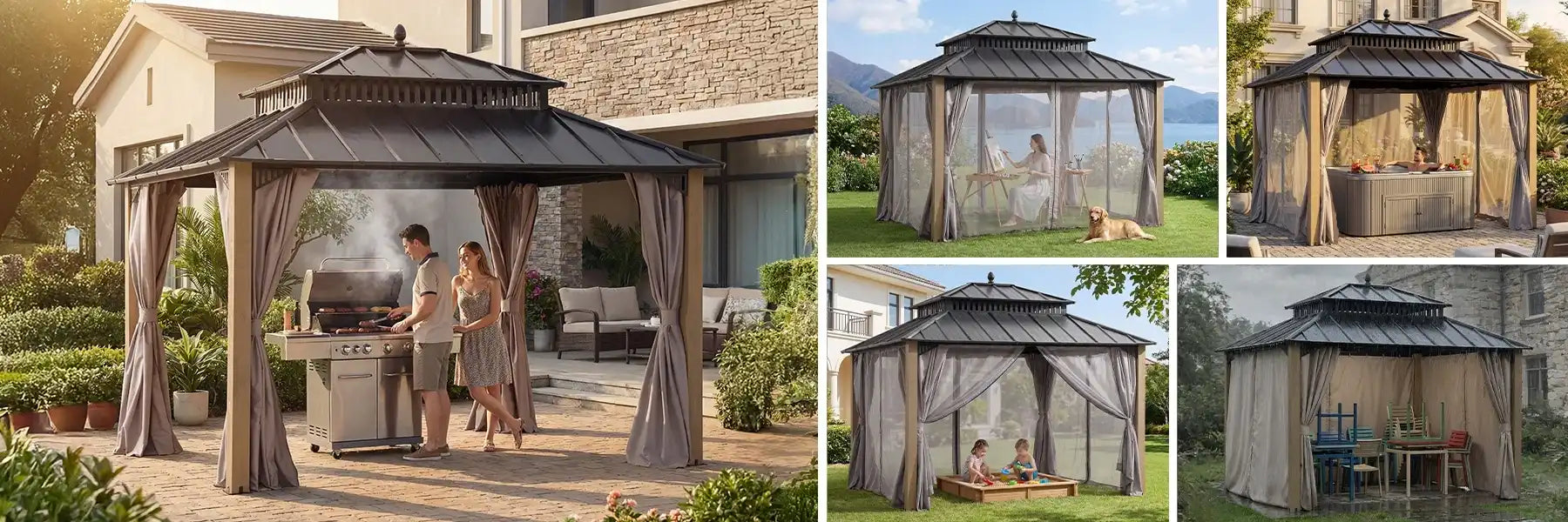 SUNJOY Kingston 12x12 Gazebo with Netting & Curtain | Steel Roof with Extra-Tall & Oversized Vent Top - Cedar Wood Posts 