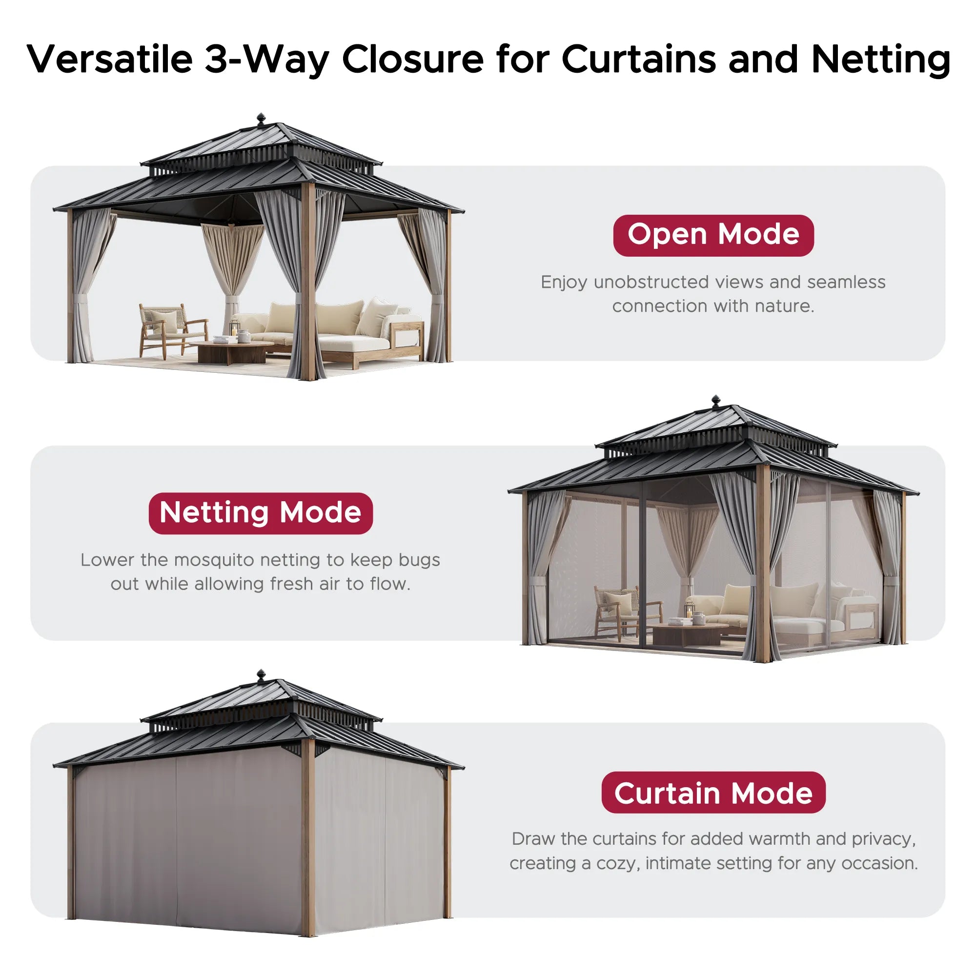 SUNJOY Kingston 12x14 Gazebo with Netting & Curtain | Steel Roof with Extra-Tall & Oversized Vent Top - Cedar Wood Posts 