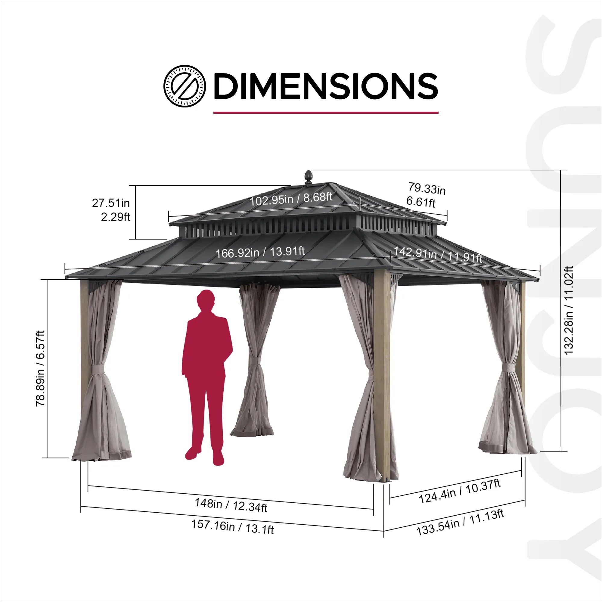 SUNJOY Kingston 12x14 Gazebo with Netting & Curtain | Steel Roof with Extra-Tall & Oversized Vent Top - Cedar Wood Posts 