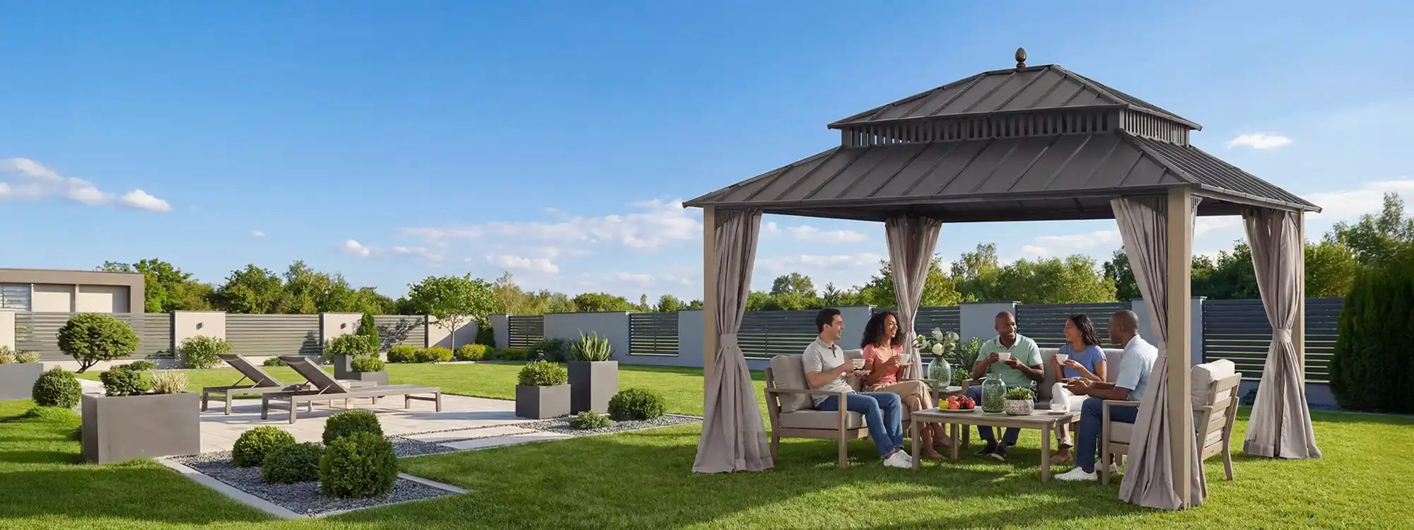 SUNJOY Kingston 12x14 Gazebo with Netting & Curtain | Steel Roof with Extra-Tall & Oversized Vent Top - Cedar Wood Posts 
