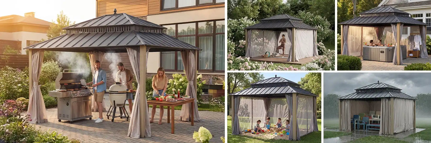 SUNJOY Kingston 12x14 Gazebo with Netting & Curtain | Steel Roof with Extra-Tall & Oversized Vent Top - Cedar Wood Posts 
