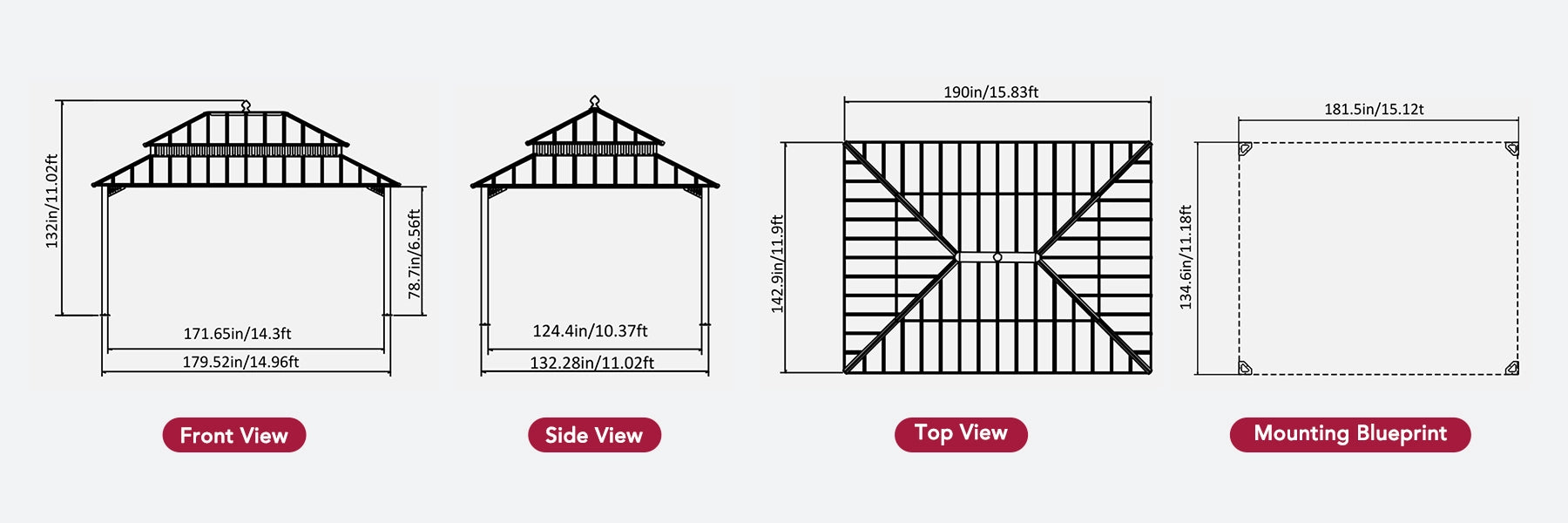 SUNJOY Kingston 12x16 Gazebo with Netting & Curtain | Steel Roof - Woodgrain Aluminum Posts