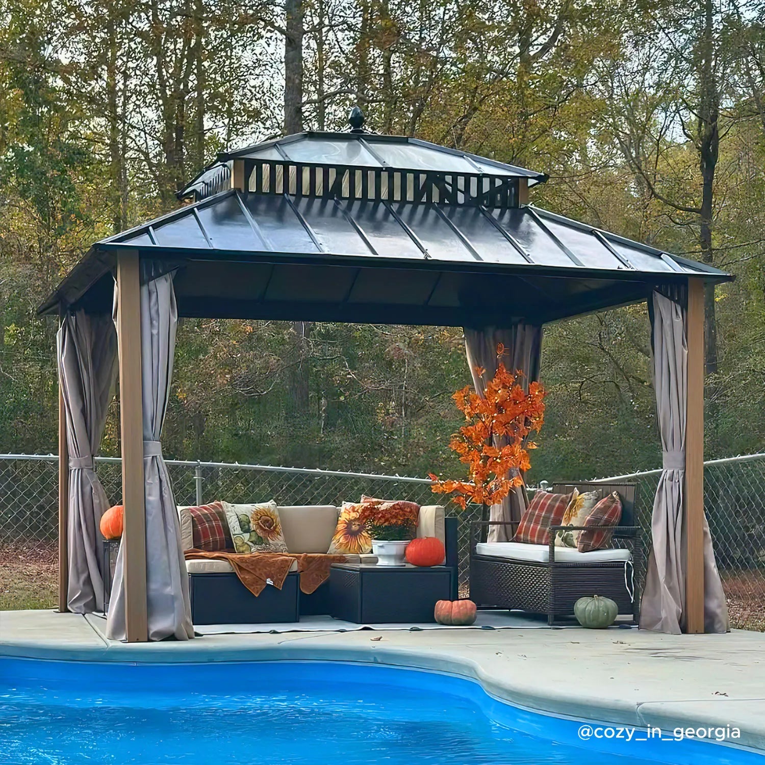 SUNJOY Kingston 12x10 Gazebo with Netting & Curtain | Steel Roof with Extra-Tall & Oversized PC Vent Top - Woodgrain Aluminum Posts