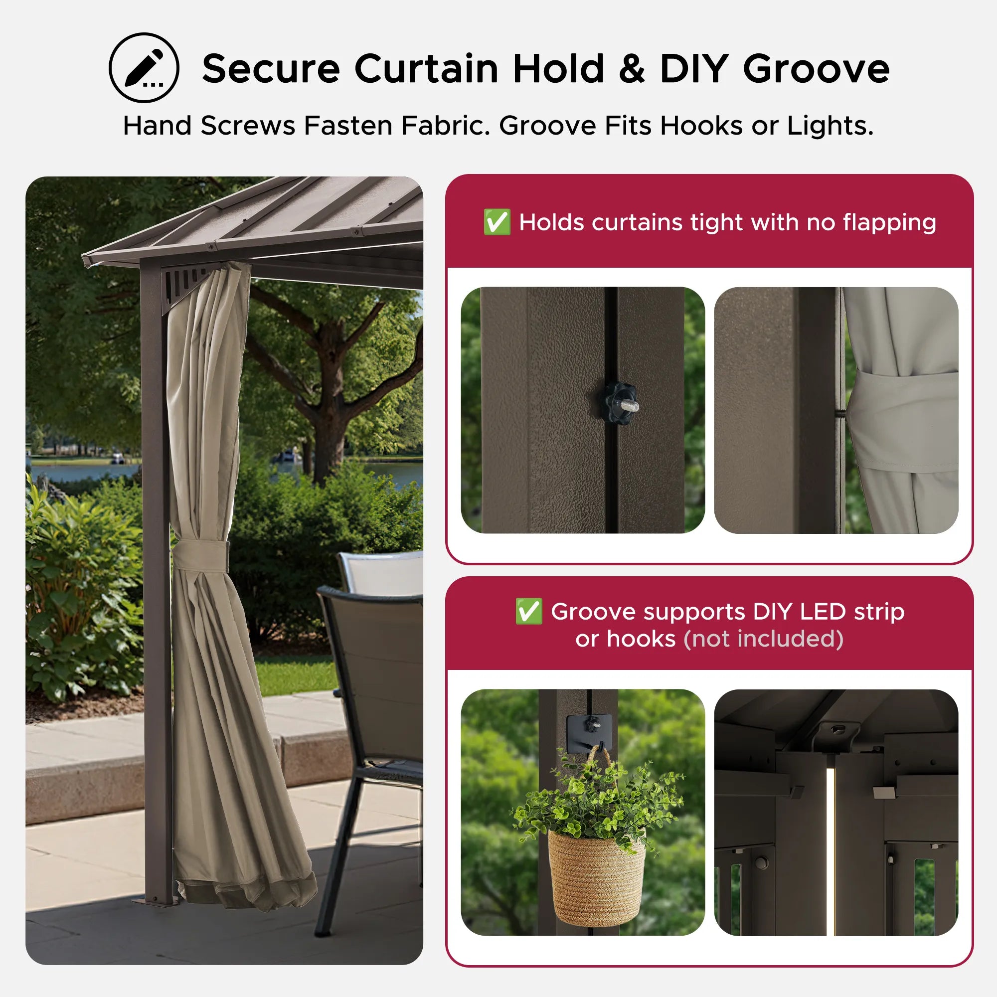 SUNJOY Kingston 12x10 Gazebo with Netting & Curtain | Steel & PC Roof - Brown Aluminum Posts