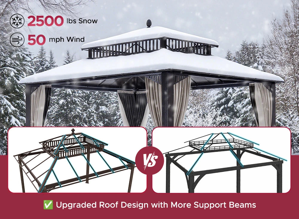 SUNJOY Kingston 12x10 Gazebo with Netting & Curtain | Steel Roof with Extra-Tall & Oversized PC Vent Top - Brown Aluminum Posts