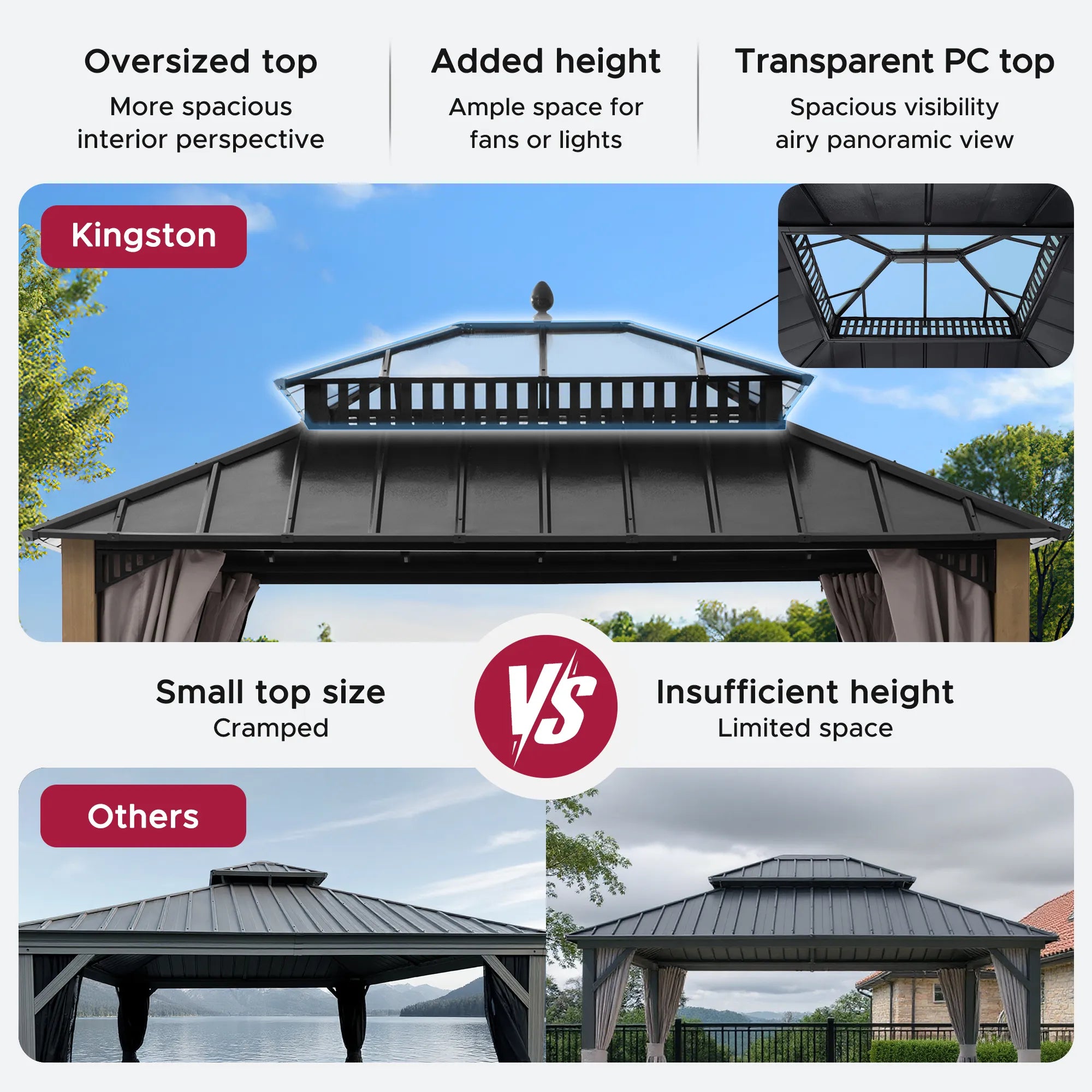 SUNJOY Kingston 12x10 Gazebo with Netting & Curtain | Steel Roof with Extra-Tall & Oversized PC Vent Top - Cedar Wood Posts 