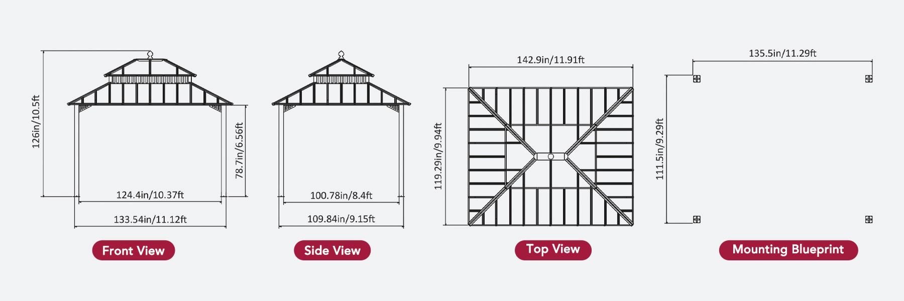 SUNJOY Kingston 12x10 Gazebo with Netting & Curtain | Steel Roof with Extra-Tall & Oversized PC Vent Top - Cedar Wood Posts
