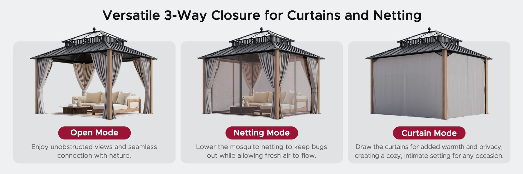 SUNJOY Kingston 12x10 Gazebo with Netting & Curtain | Steel Roof with Extra-Tall & Oversized PC Vent Top - Cedar Wood Posts