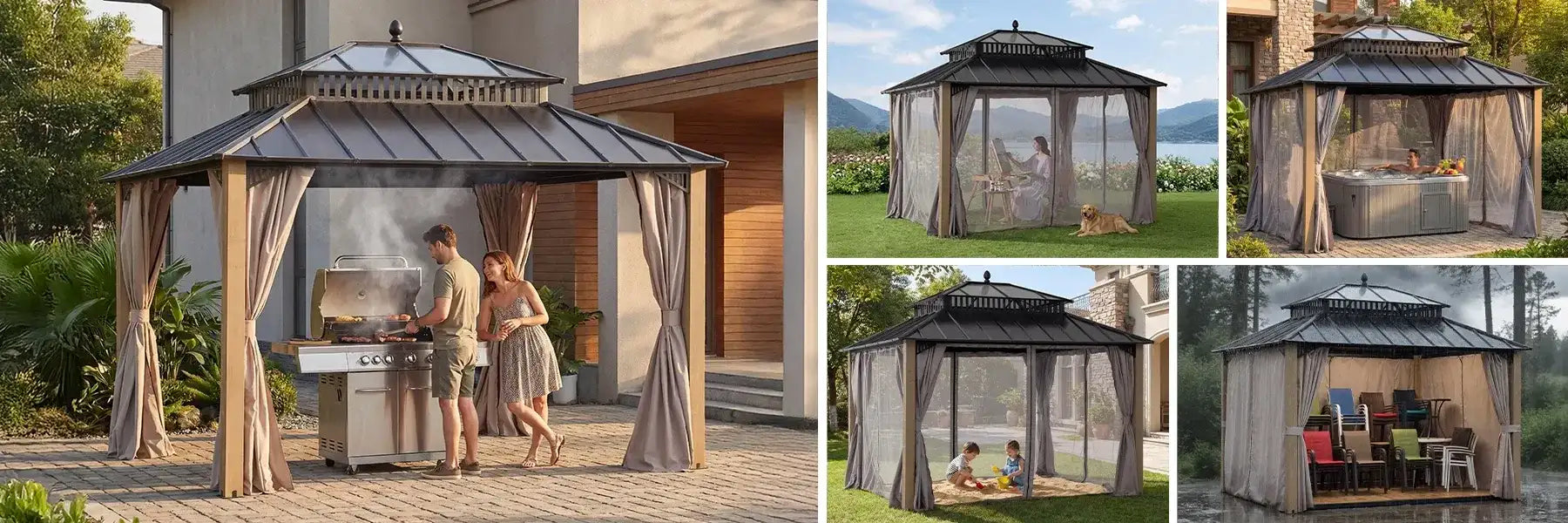 SUNJOY Kingston 12x10 Gazebo with Netting & Curtain | Steel Roof with Extra-Tall & Oversized PC Vent Top - Cedar Wood Posts