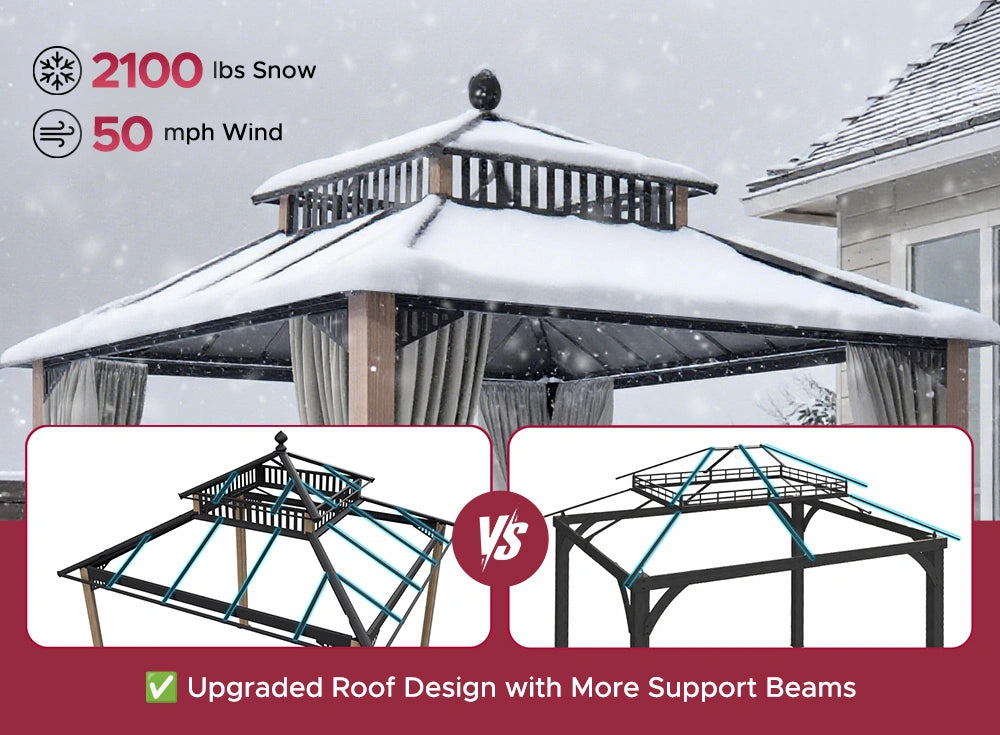 SUNJOY Kingston 10x10 Gazebo with Netting & Curtain | Steel Roof with Extra-Tall & Oversized PC Vent Top - Woodgrain Aluminum Posts