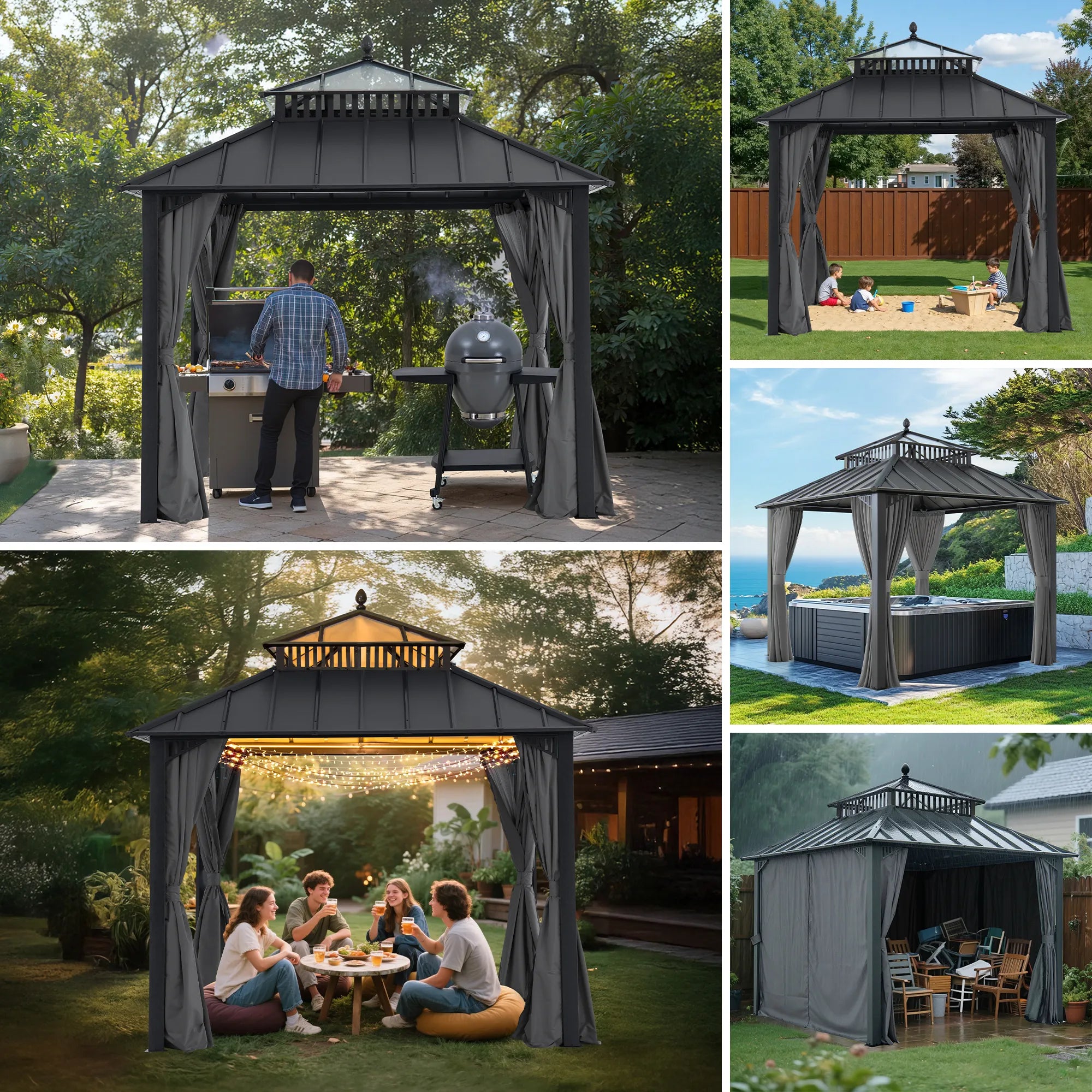 SUNJOY Kingston 10x10 Gazebo with Netting & Curtain | Steel Roof with Extra-Tall & Oversized PC Vent Top - Gray Aluminum Posts