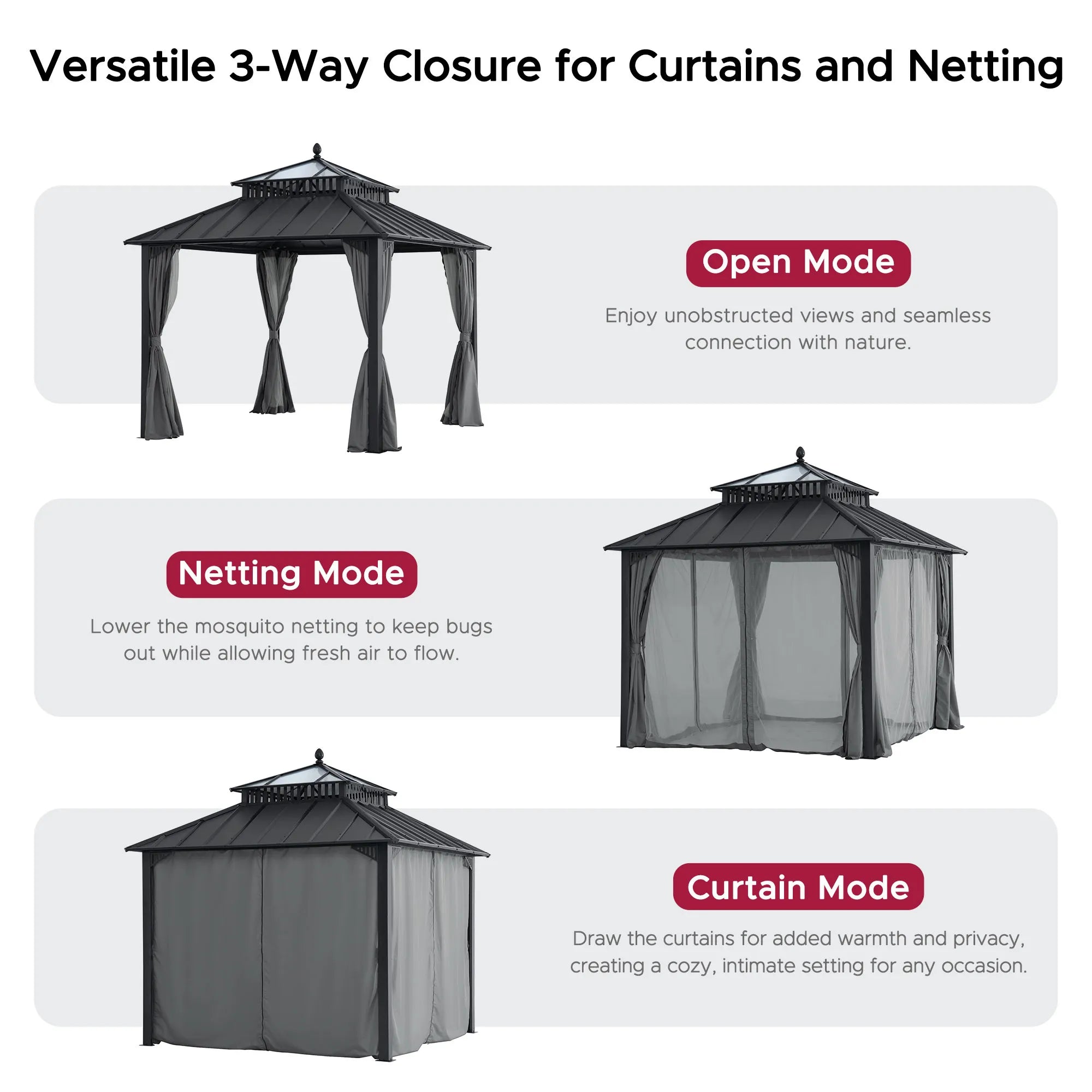 SUNJOY Kingston 10x10 Gazebo with Netting & Curtain | Steel Roof with Extra-Tall & Oversized PC Vent Top - Gray Aluminum Posts 