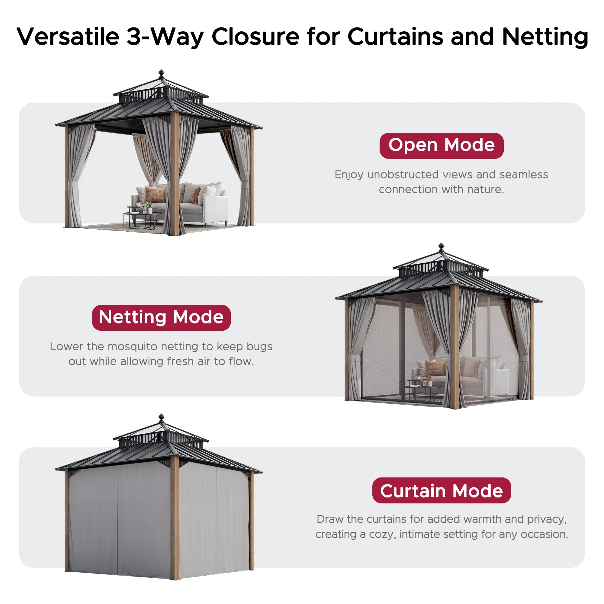 SUNJOY Kingston 10x10 Gazebo with Netting & Curtain | Steel Roof with Extra-Tall & Oversized PC Vent Top - Cedar Wood Posts 