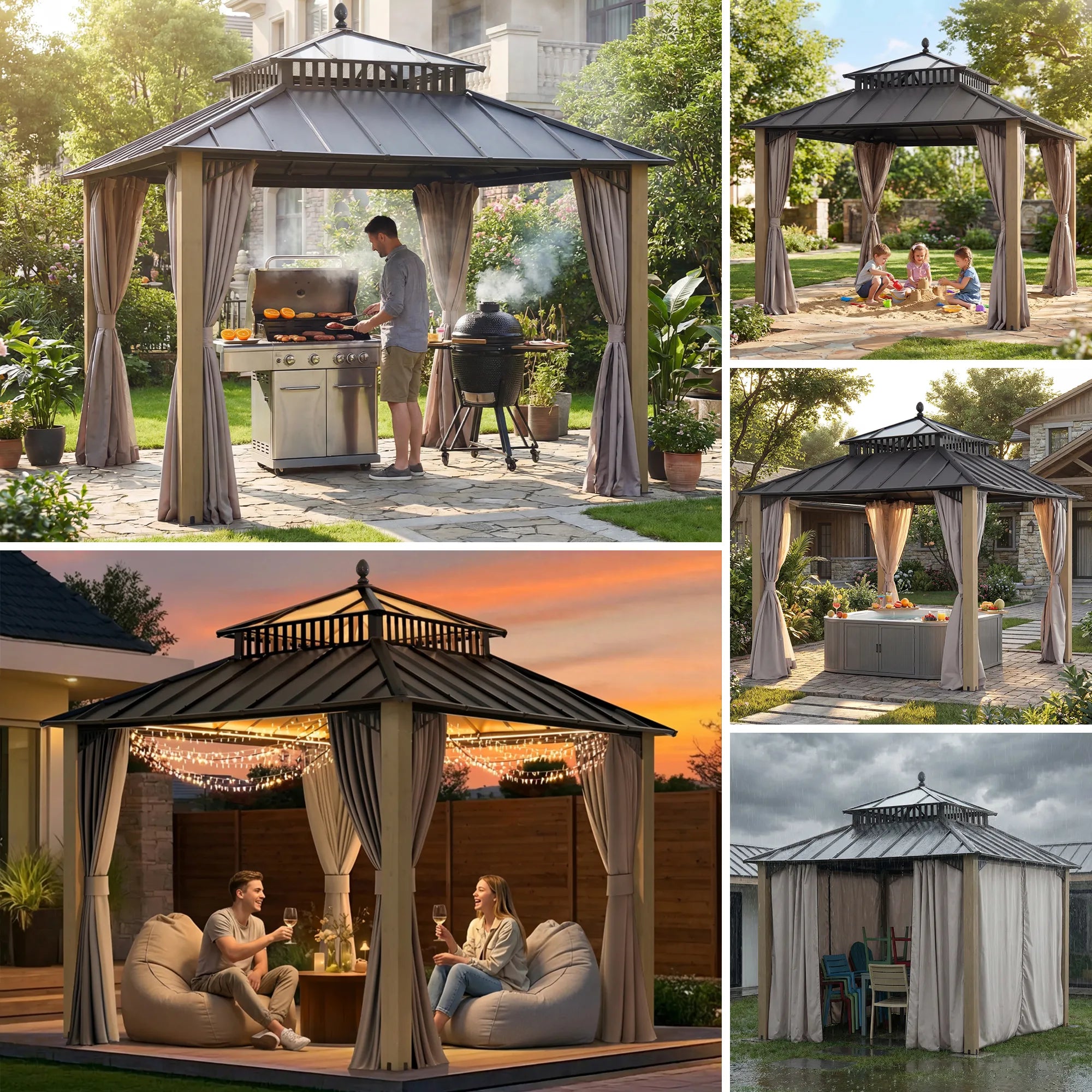 SUNJOY Kingston 10x10 Gazebo with Netting & Curtain | Steel Roof with Extra-Tall & Oversized PC Vent Top - Cedar Wood Posts 