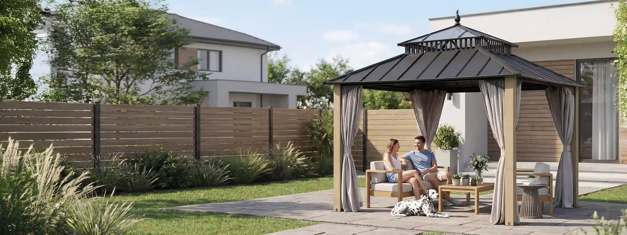 SUNJOY Kingston 10x10 Gazebo with Netting & Curtain | Steel Roof with Extra-Tall & Oversized PC Vent Top - Cedar Wood Posts 