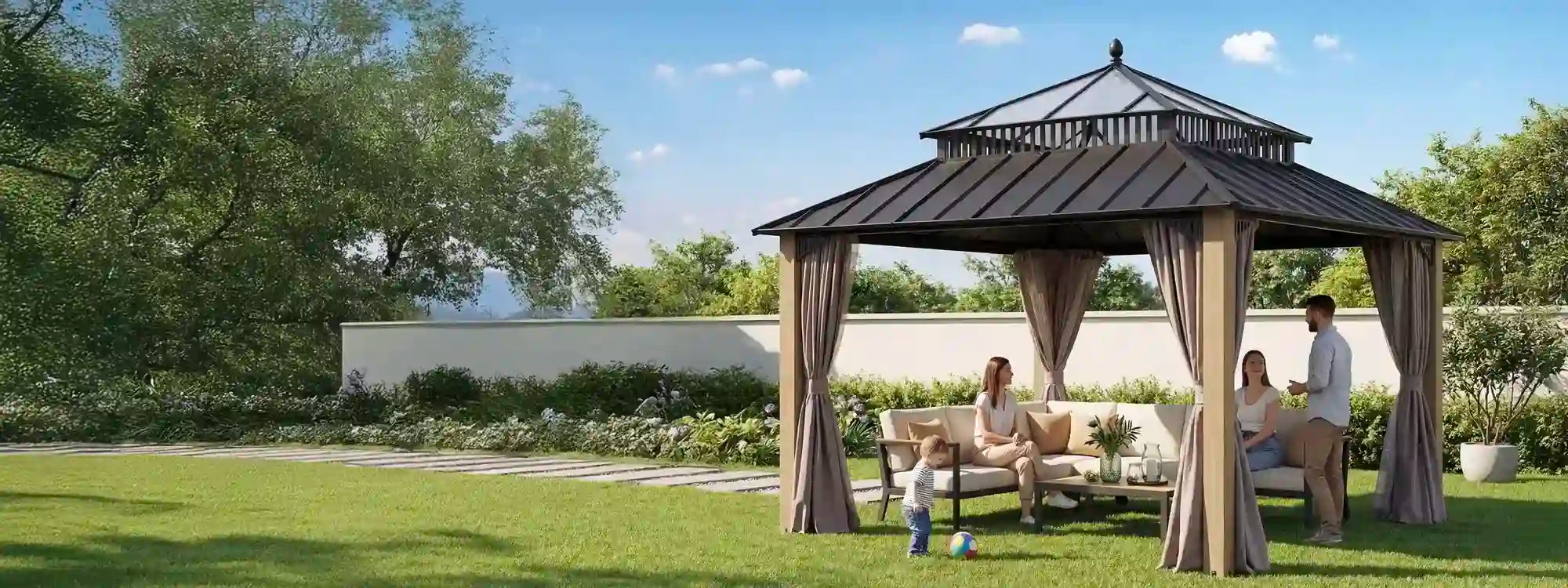 SUNJOY Kingston 12x12 Gazebo with Netting & Curtain | Steel Roof with Extra-Tall & Oversized PC Vent Top - Cedar Wood Posts