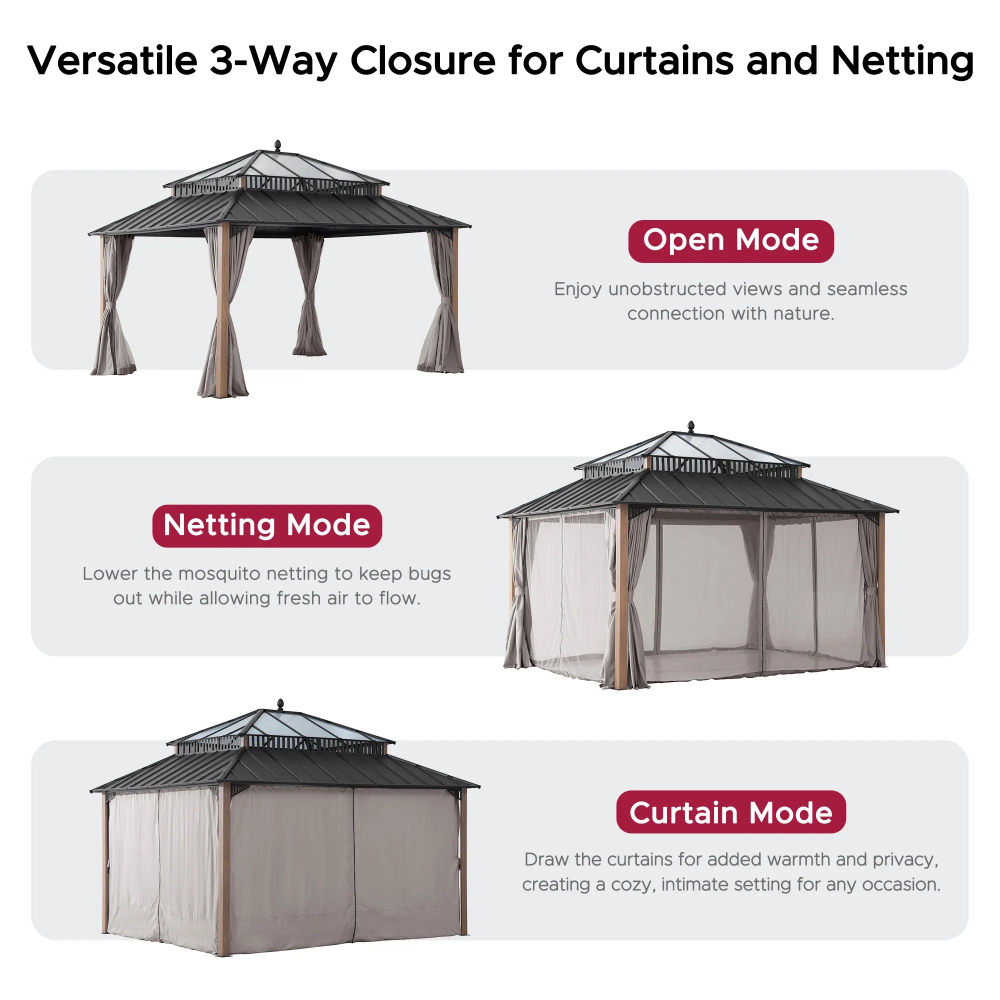SUNJOY Kingston 12x14 Gazebo with Netting & Curtain | Steel Roof with Extra-Tall & Oversized PC Vent Top - Woodgrain Aluminum Posts 