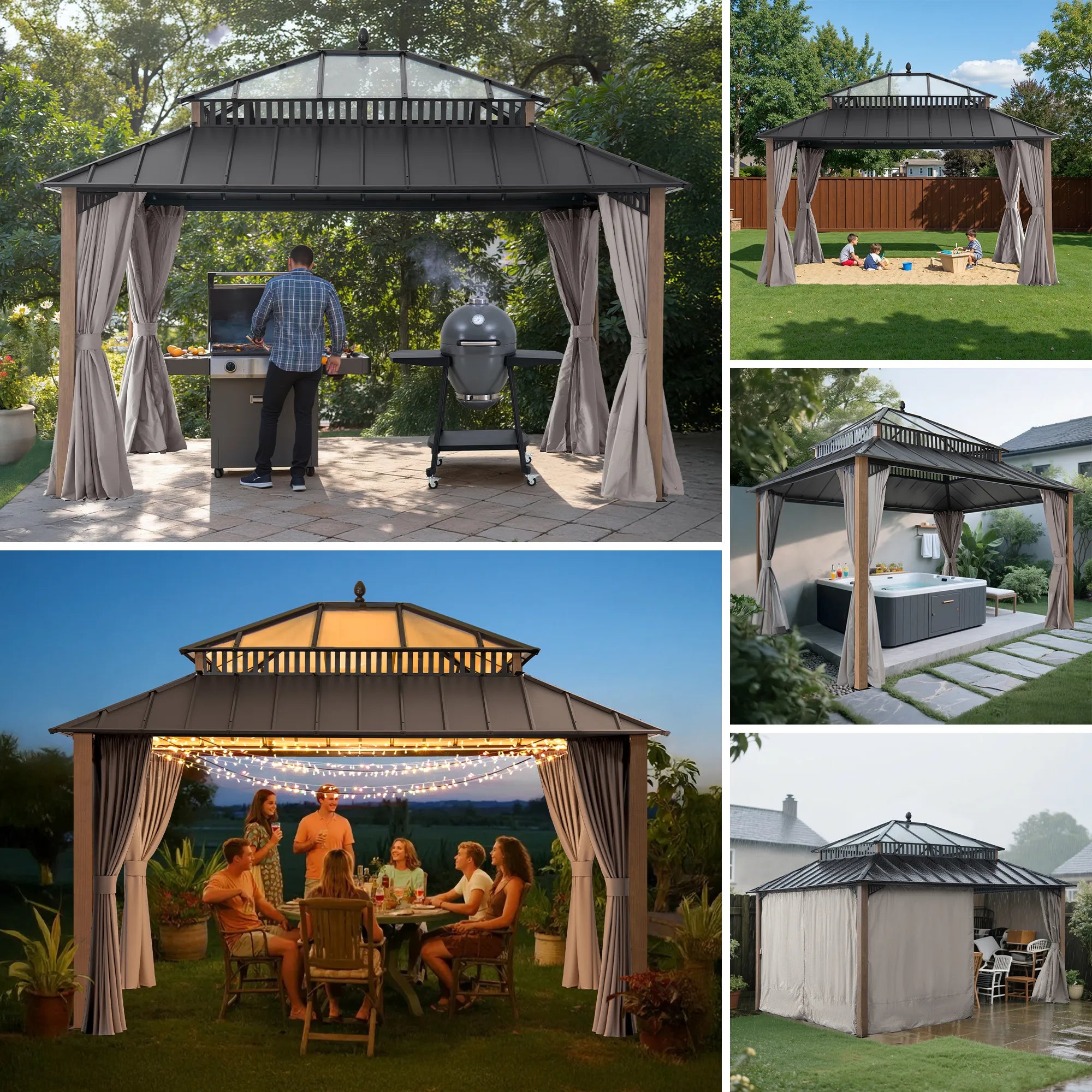SUNJOY Kingston 12x14 Gazebo with Netting & Curtain | Steel Roof with Extra-Tall & Oversized PC Vent Top - Woodgrain Aluminum Posts 