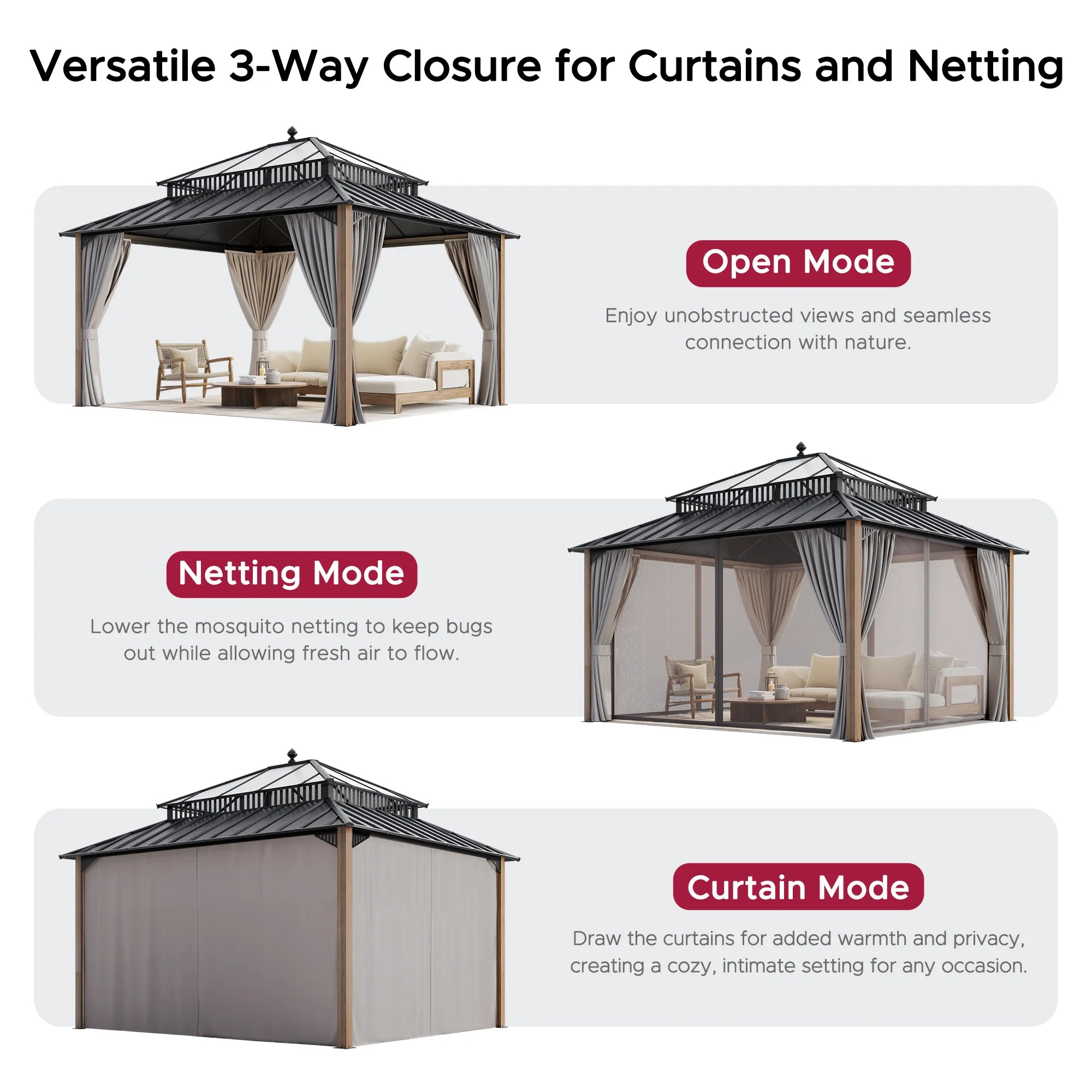 SUNJOY Kingston 12x14 Gazebo with Netting & Curtain | Steel Roof with Extra-Tall & Oversized PC Vent Top - Cedar Wood Posts 