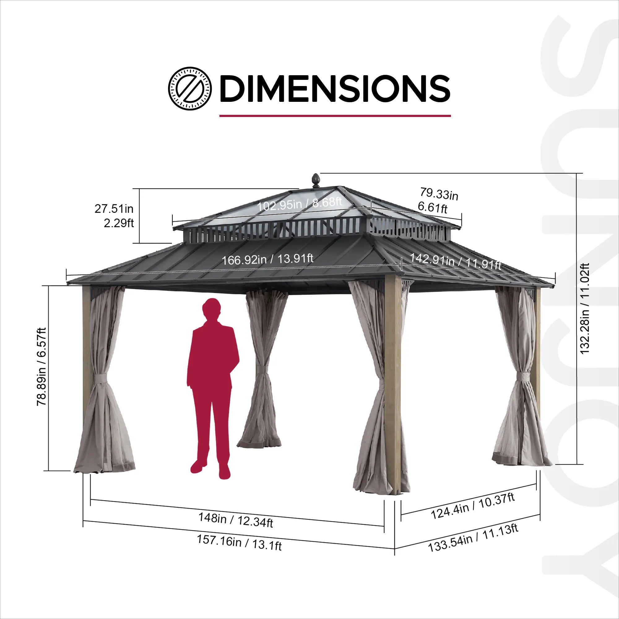 SUNJOY Kingston 12x14 Gazebo with Netting & Curtain | Steel Roof with Extra-Tall & Oversized PC Vent Top - Cedar Wood Posts 