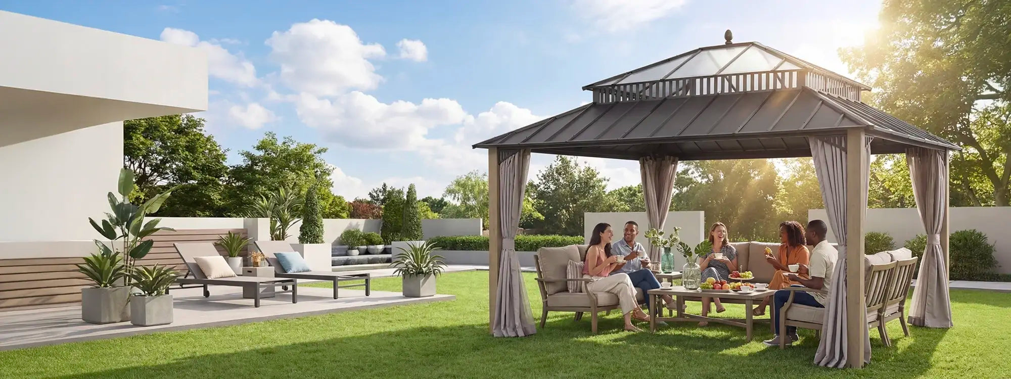 SUNJOY Kingston 12x14 Gazebo with Netting & Curtain | Steel Roof with Extra-Tall & Oversized PC Vent Top - Cedar Wood Posts