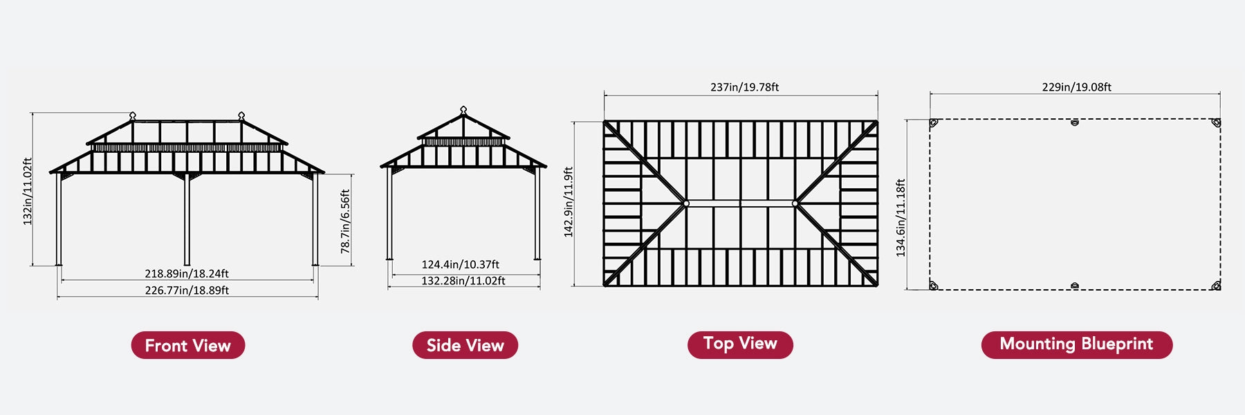 SUNJOY Kingston 12x20 Gazebo with Netting & Curtain | Steel Roof with Extra-Tall & Oversized PC Vent Top - Brown Aluminum Posts