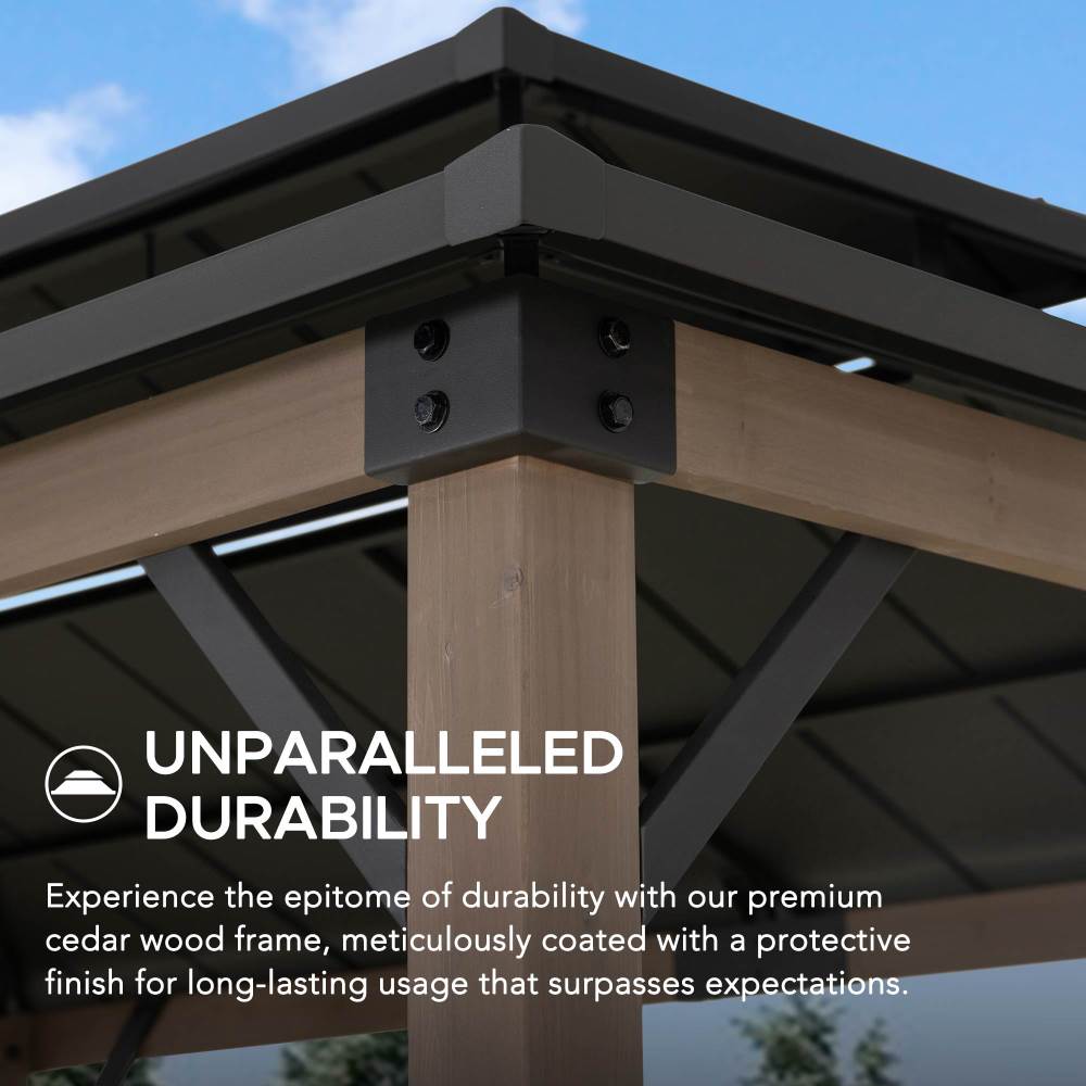 SUNJOY 8x12 Hardtop Grill Gazebo with Electrical Outlets and Shelves.